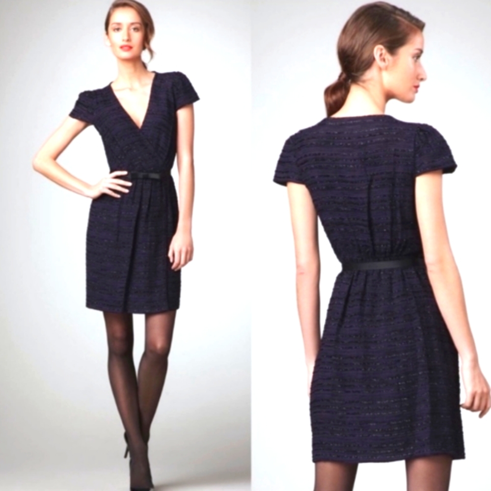 Milly of New York Indigo Metallic Jacquard Wrap Cocktail Party Dress